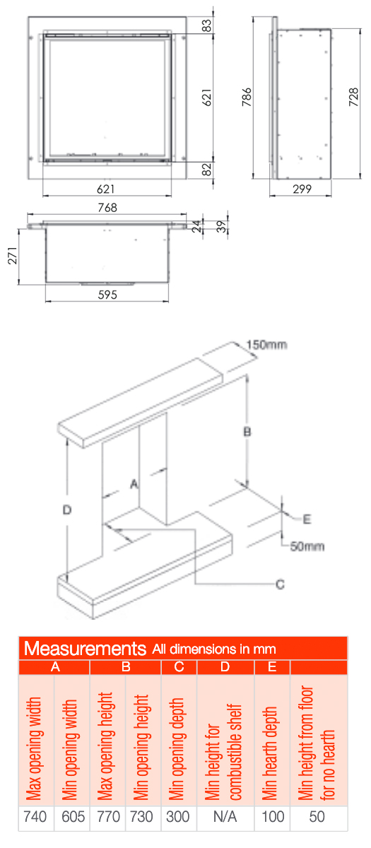 Paragon P5 Gas Fire Sizes