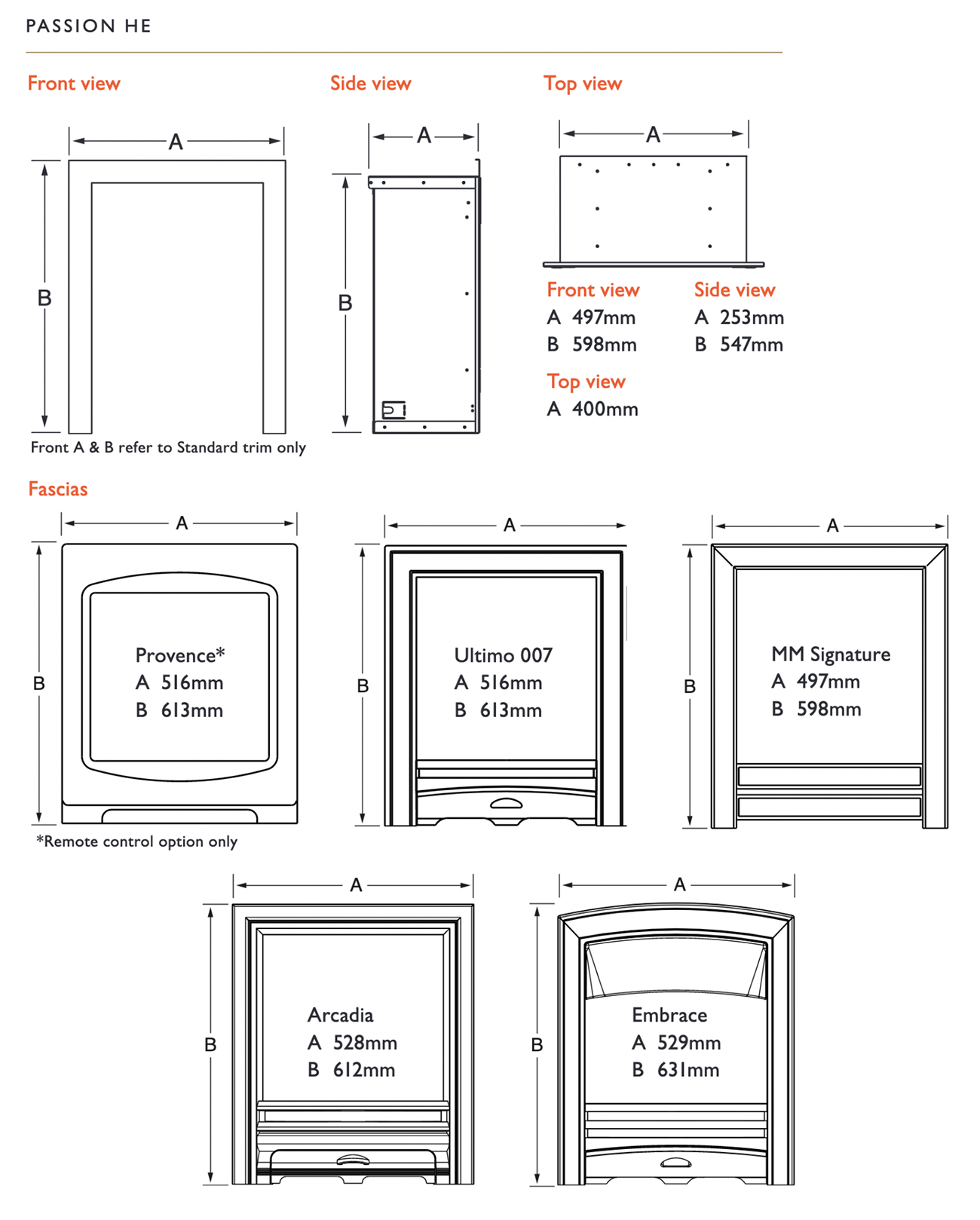 Verine Passion HE High Efficiency Gas Fire Sizes