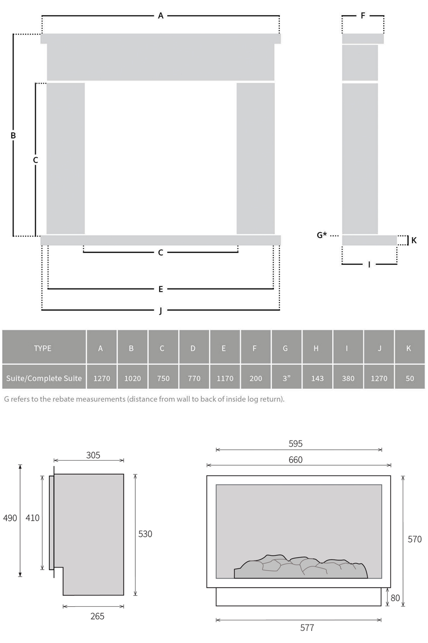 Pureglow Drayton fireplace with Chelsea high efficiency gas fire sizes