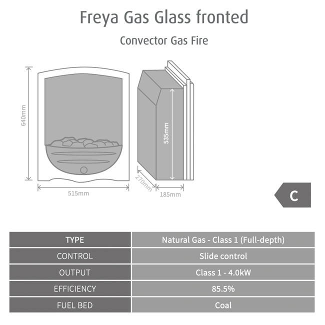 Pureglow Freya Glass Fronted Gas Fire Sizes