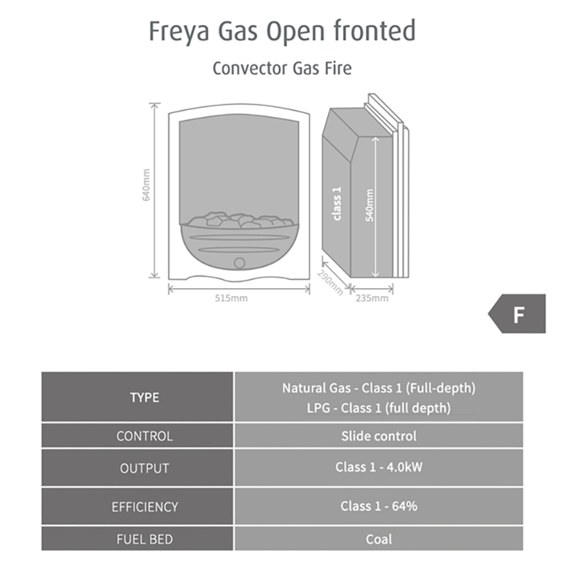 Pureglow Freya Open Fronted Gas Fire Sizes