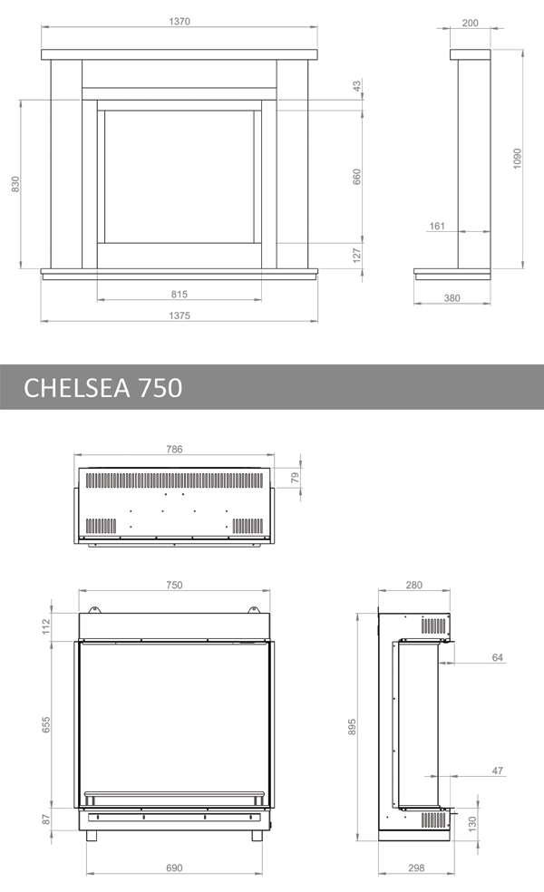 Pureglow Hanley with Chelsea 750 Electric Fireplace Suite Sizes