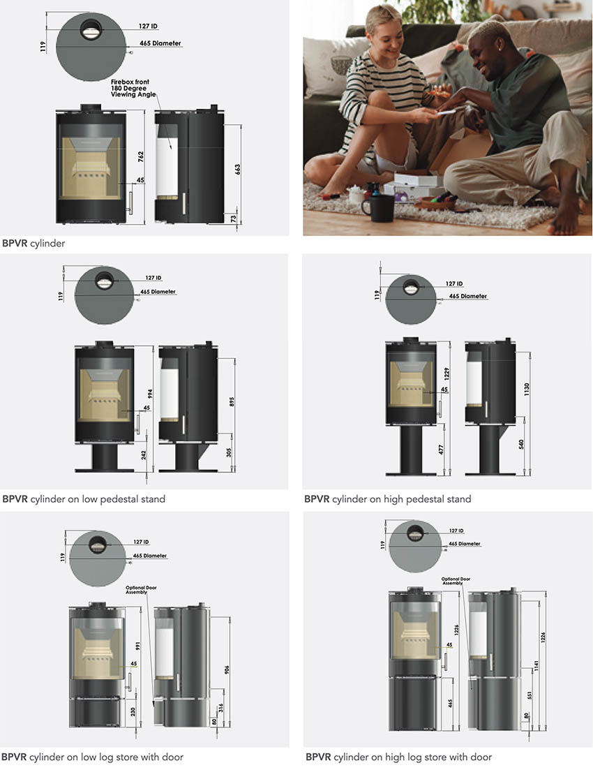 Purevision BPVR Cylinder Multi-Fuel Stove Dimensions