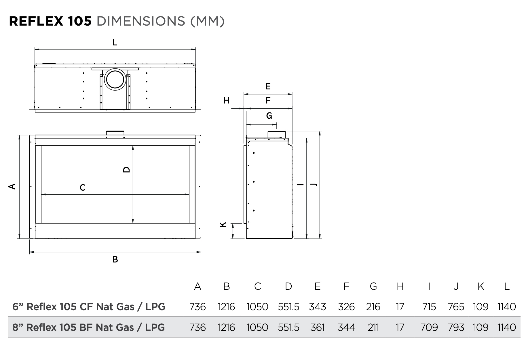 Gazco Reflex 105 Gas Fire Sizes