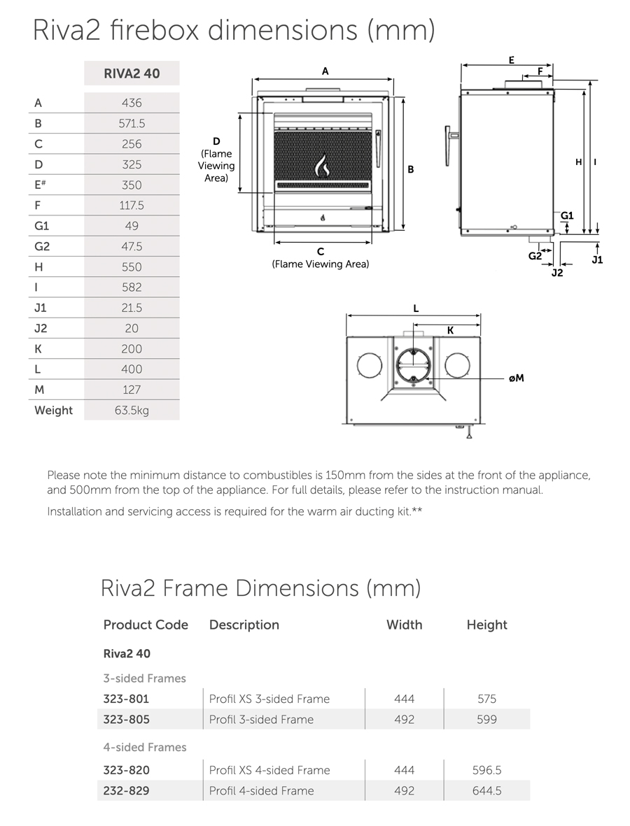 Stovax Riva2 40 Multi-Fuel Cassette Stove Sizes