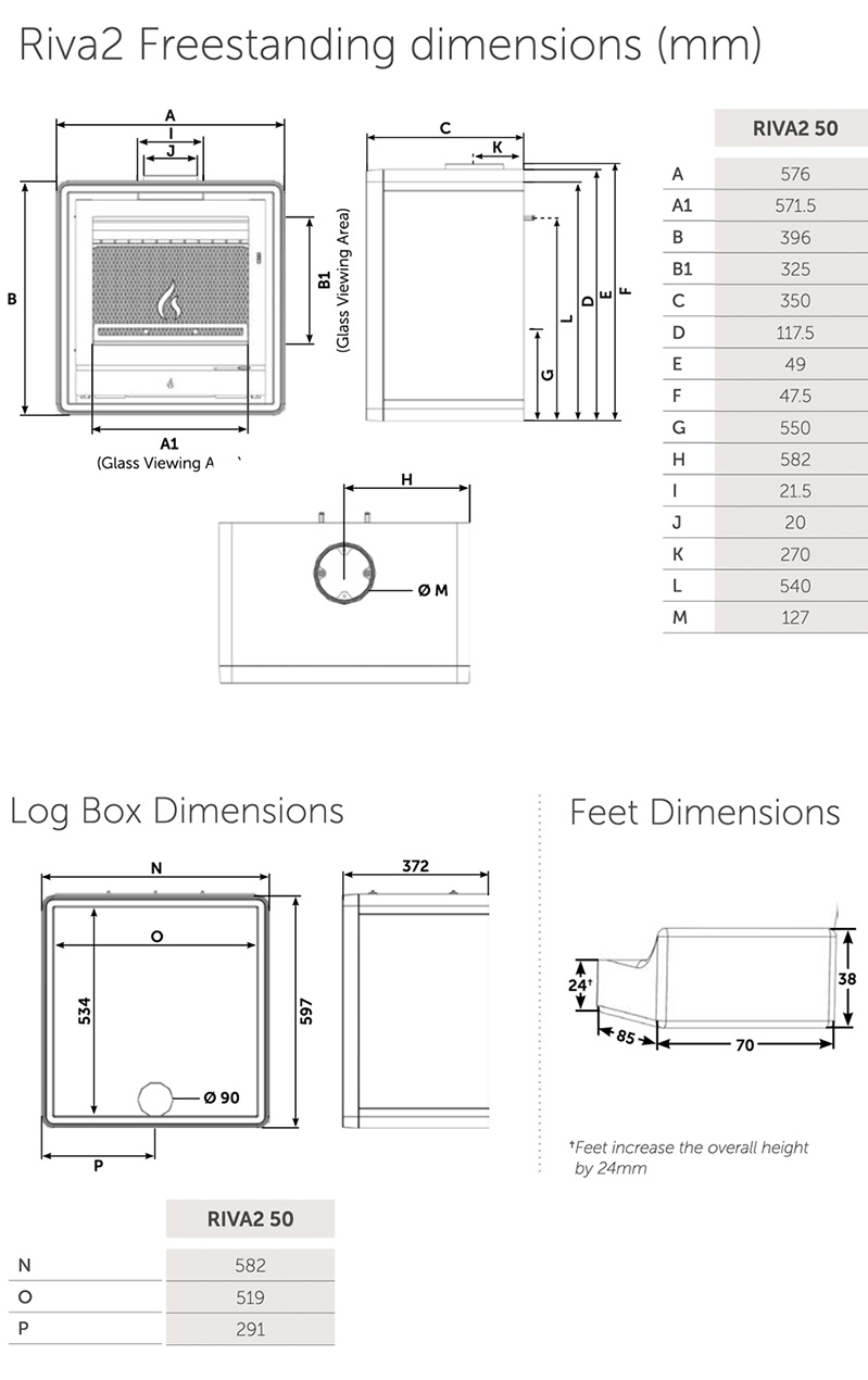Stovax Riva2 50 Freestanding Sizes