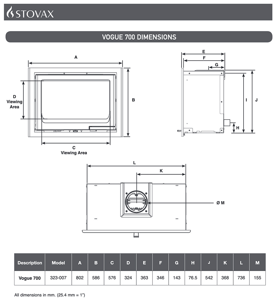 Stovax Vogue 700 Inset Wood Fire Dimensions