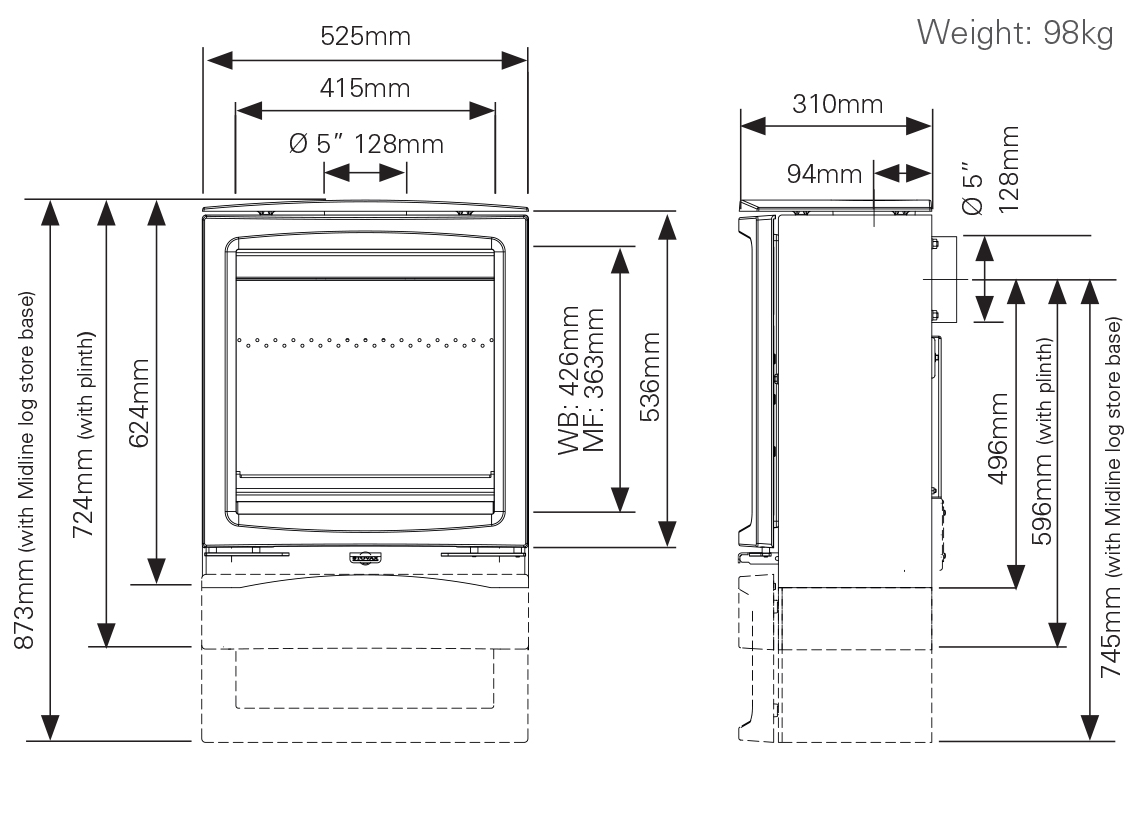 Stovax Vogue Medium Slimline Sizes