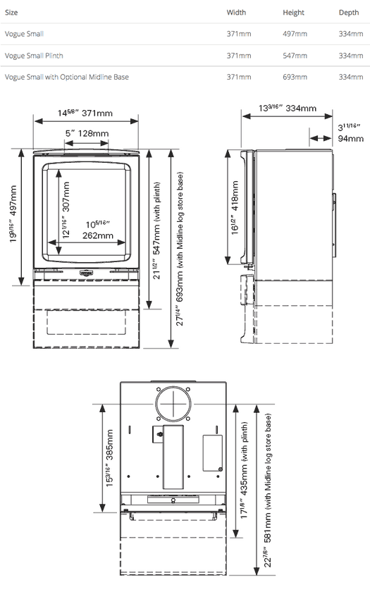 Stovax Vogue Small Wood Burning Stove Dimensions