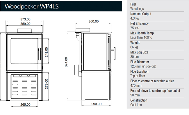 Woodpecker WP4LS Stove Dimensions