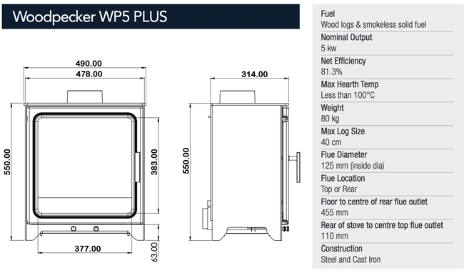 Woodpecker WP5 Plus Stove Sizes