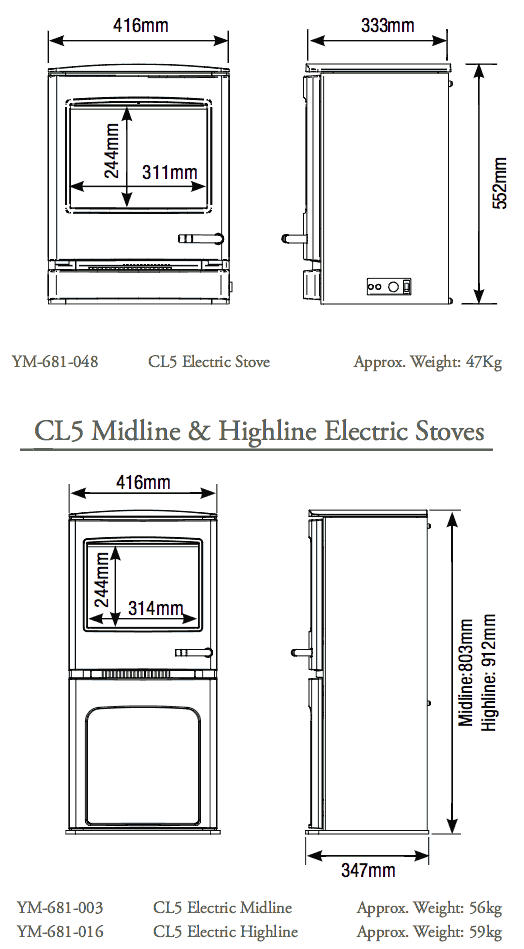 Yeoman CL5 Electric Stove Sizes