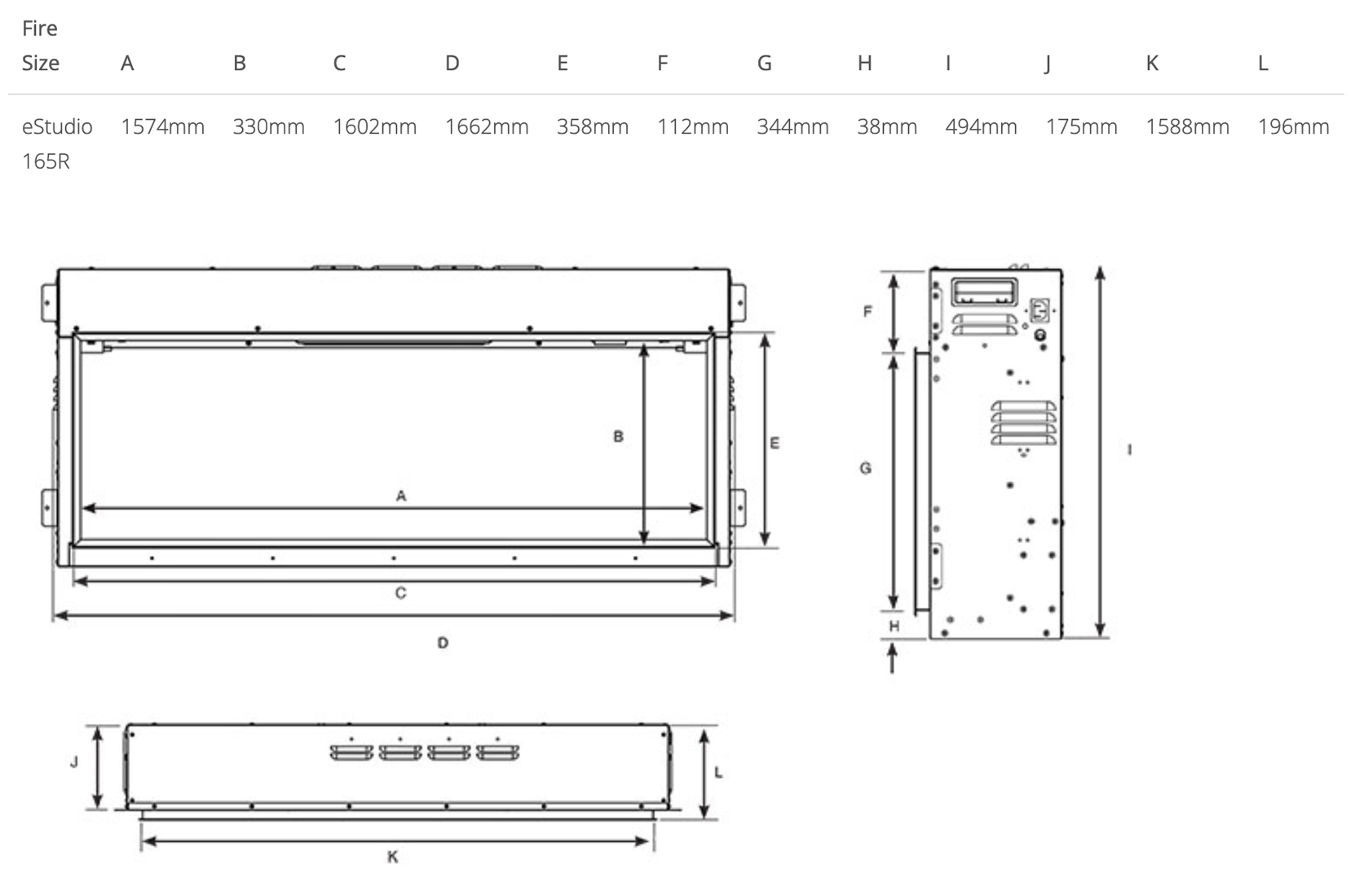 eStudio 165R Fire Sizes