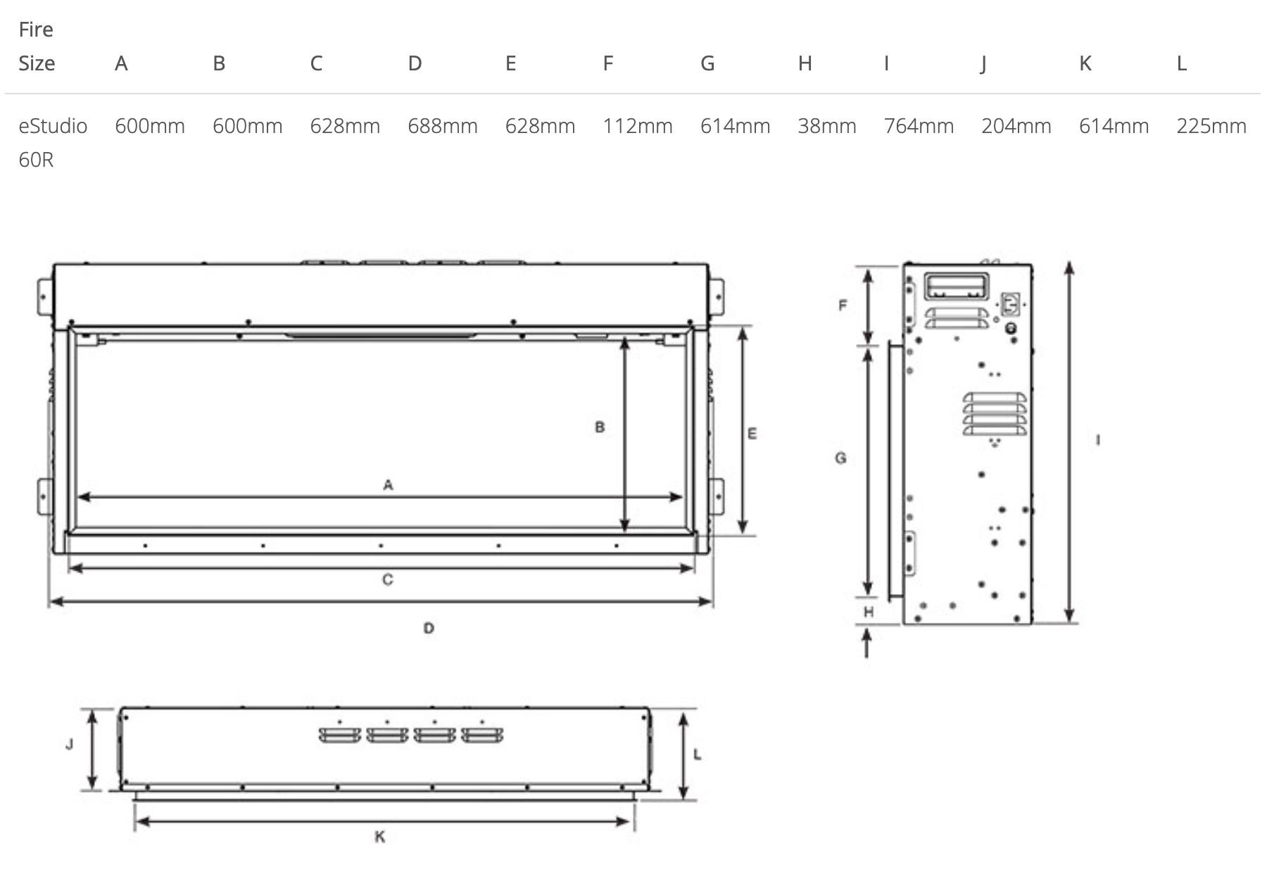 Gazco eStudio 60R Fire Dimensions